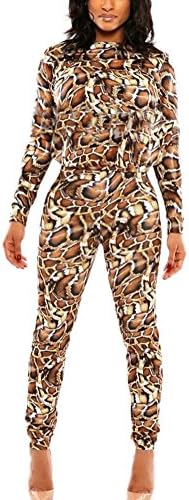 Fecland Women's Stylish Sexy Printed Long Sleeve Long Romper Jumpsuit Jumpsuit Brown L