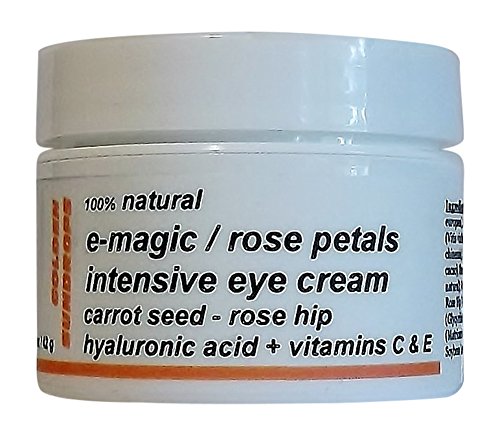 GOLDEN SUNDROPS, EYE CREAM, (1.5 OZ), 100% NATURAL, ORGANIC, E-MAGIC / ROSE PETALS, INTENSIVE, ENRICHED, WITH, CARROT SEED, ROSE HIP, HYALURONIC ACID, VITAMIN C, AND, VITAMIN E, PRVENTS, AND, MINIMIZES, WRINKLES, PUFFINESS, BAGS, DARK CIRCLES, FINE LINES, IN THE DELICATE, FACIAL, SKIN, AROUND THE EYES, MAKES THE EYES LOOK MORE YOUTHFUL, AND, BRIGHTER, DECREASES, VISIBLE, SIGNS, OF, AGING, MOISTURIZES, REJUVENATES, 1.5 OZ / 42 G, MADE IN THE USA.
