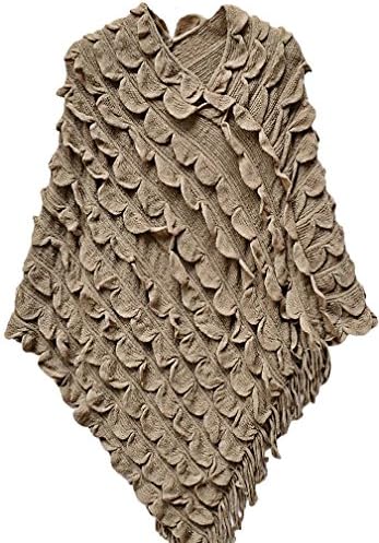 WmN FSHN Women's Vintage Pattern Warm Wool Blend Bat Wings Knitted Poncho WPH12, Khaki