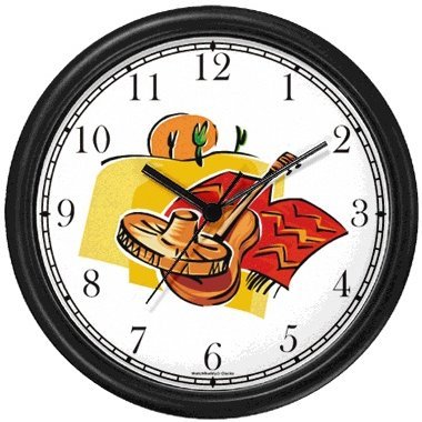 Icons of Mexico: Sombrero, Guitar, Poncho, Desert, Saguaro Cactus, Sun - Mexico or Mexican Theme Wall Clock by WatchBuddy Timepieces (White Frame)