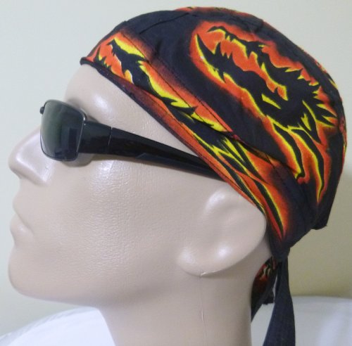 Skull Caps with Fire Flames, Biker Caps Also Known As Headwraps, Skullies, Skull Caps, Bandana Wraps/ Bandannas 100% Lightweight Cotton, Wear Under Motorcycle or Football Helmets, Keeps Sweat out of Eyes During Exercise, Jogging, Workouts, Running, Lawn and Garden Work, Housework, Variety of Colors Red, Orange, Yellow, Grey/ Gray and Black (Chinese Dragon Red Black Yellow) On Sale
