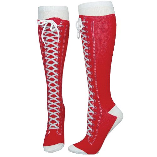 Whimsical Knee-high Socks (Red) Printed Laces and Real Shoelace - 1 Pair