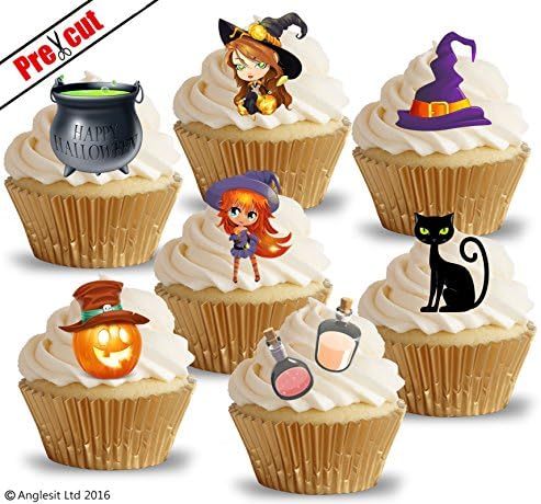 PRE-CUT HAPPY HALLOWEEN LITTLE WITCHES &amp; ACCESSORIES EDIBLE RICE / WAFER PAPER IMAGE CUPCAKE CAKE TOPPERS HALLOWEEN BIRTHDAY PARTY DECORATIONS