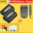 Two Sony NP-FH50 Info-Lithium Battery Pack for SONY DIGITAL SLR CAMERAS + Rapid Home and Car Charger + Screen Protectore & MORE !!