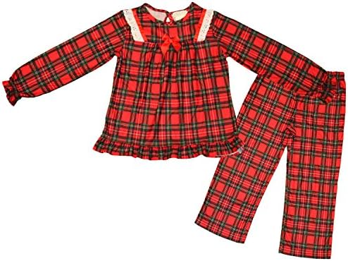 Holiday Red Plaid Flannel Pajamas with ribbon and lace for toddler girls - 3T
