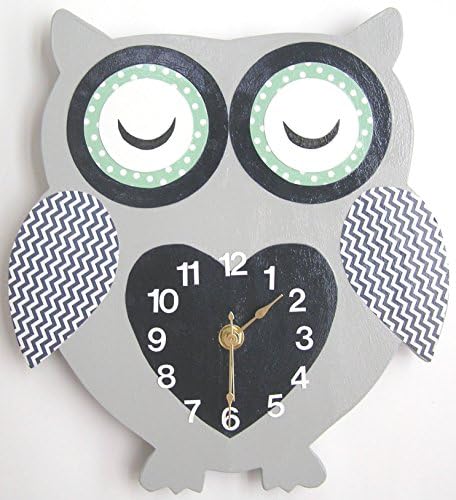 Nursery Wall Clock, Nursery Owl Clock, Hanging Owl Clock, Children's Room Wall Clock, Owl Wall Clock, Kid's Room Owl Wall Clock (grey/navy blue/mint green))
