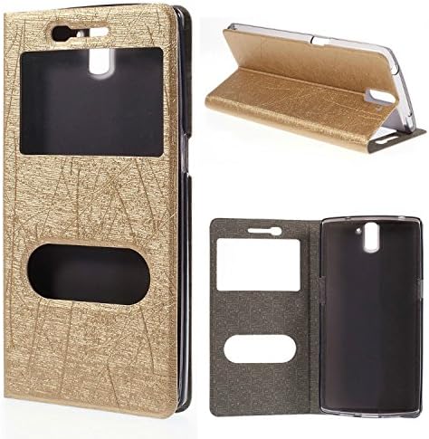 Dulcii Lines Texture Leather Case Stand for Oneplus One A0001 w/ Dual View Windows ,Gold
