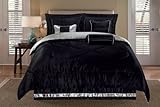 Queen Size Bedding-7 Pieces Super Soft Solid Black and Sliver Reversible Fine Satin Comforter Set Bed-in-a-bag