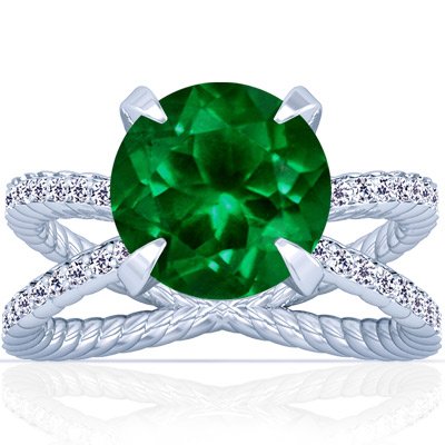 14K White Gold Round Cut Emerald Ring With Sidestones