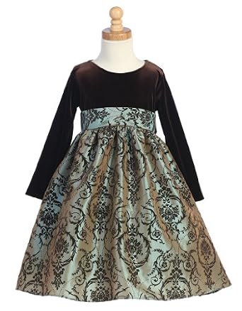 Stretch Velvet Bodiced Holiday dress with Flocked Taffeta Skirt