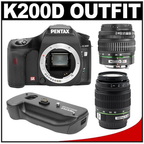 Pentax K200D Digital SLR Camera Body with Pentax SMC DA 18-55mm f/3.5-5.6 AL II + Pentax SMC DA 50-200mm f/4-5.6 ED Zoom Lens + Pentax D-BG3 Battery Grip