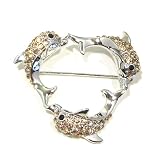 Yellow Austrian Rhinestone Silver-Tone Three Dolphin Heart Shaped Brooch Pin