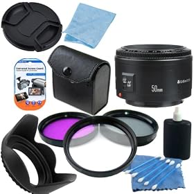 Canon Normal EF 50mm f/1.8 II Autofocus Lens with Kit: Includes 3 Piece Filter Kit (UV,CPL,FLD) Lens Cap, Tulip Lens Hood, Microfiber Cleaning Cloth & Lens Maintenance Kit