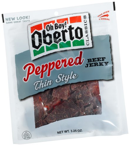 Oh Boy! Oberto Thin Style Beef Jerky, Peppered, 3.25-Ounce Bags (Pack of 4)