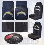 San Diego Chargers NFL 7pc Auto Accessories Combo Set Front & Rear Floor Mats, Seat Covers & Steering Wheel Cover