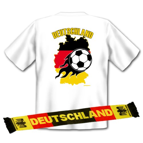 2-teiliges Fanartikel Fußball Set nicht nur zur WM Party 2014 – Fan T-Shirt mit Rückendruck: Deutschland Gr. XL in weiss und Fanschal zur WM EM 158×18 cm : )