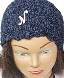 Hand Crocheted 100% Rayon Navy Color Chenille and Gimp Skull Cap for Women and Teens Trimmed with Customer Chosen Ivory Monogram Letter