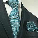 Landisun 40L Teal Blues Paisleys Mens Silk Tie Set: Tie+Hanky &Plastic Hook