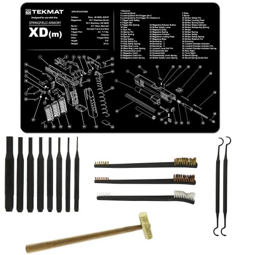 Ultimate Arms Gear Gunsmith &amp; Armorer's Cleaning Work Bench Gun Mat Springfield Armory XD (m) XDm Pistol Handgun + 8 pc Gunsmithing Steel Pin Punch Center Disassembly Takedown Tool Set Kit Sizes: 1/16, 3/32, 1/8, 5/32, 3/16, 7/32, 1/4 + 8" Brass Head Hammer Mallet Face with Wooden Handle 2 oz + 3 Double Ended 7 " Brushes - Brass, Copper, Nylon &amp; 2 Double Ended Curved Picks