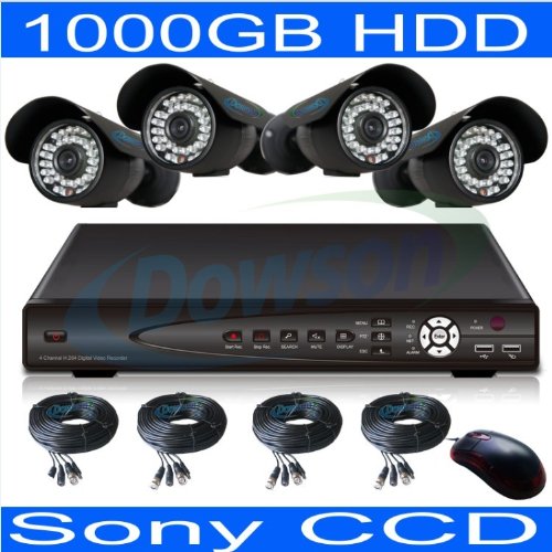 CCTV Surveillance Video System 1000GB HDD 4 Channel H.264 DVR with 4 Color Sony CCD IR Day/Night External Cameras and 4x 60ft Siamese Cables and Power Adapter Unit included! Internet Access and Smartphone & 3G Mobile Phone Live View! Cameras Complete Package! PLug-n-Play Security System