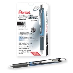 Pentel EnerGel Deluxe RTX Retractable Gel Pen, 0.7mm Needle Tip, Black/Blue Barrel Black Ink, Box of 12 (BLN77-A).