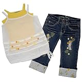 Review   / Little Mass denim/white/yellow buttons/bows capri set