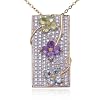 18k Yellow Gold Plated Sterling Silver Multi-Gemstone and Diamond Rectangular Flowers Pendant, 18"