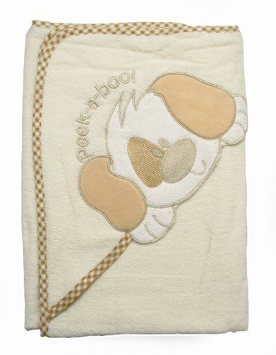 Baby Kapuzentuch mit Peek-a-boo Hündchenmotiv, Badetuch für Babys 100% Baumwolle, Baumwollkapuzenbadetuch für Babys (75cm x 75cm) (beige)