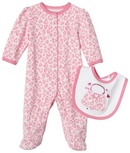 Little Me Heart Leopard footie with bib, Hot Pink