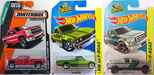 Hot Wheels Pickup Trucks Set Ford 2009 F-150 Matchbox '14 Chevy Silverado 1500 &amp; Datsun 620 Hot Trucks in PROTECTIVE CASES