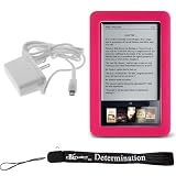 Slim High Quality Durable Silicone Skin Case Customer Made For Barnes & Noble Nook eBook Reader (Pink, Magenta, Hot Pink) + Includes a 4-Inch eBigvalue Determination Hand Strap + Easy Travel Home Wall Charger