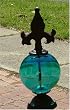 Rustic Iron Fleur de Lis Obelisk with Blue Glass Gazing Globe