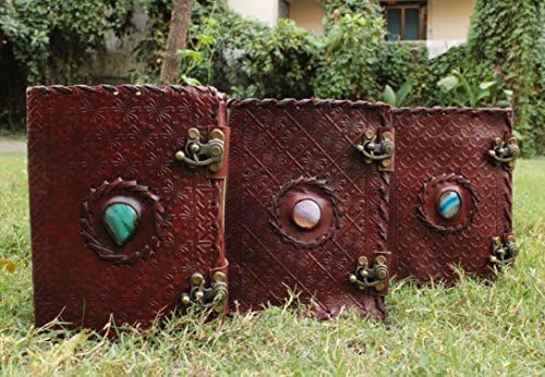 Handmade Embossed Blue Stone Leather Journal Notebook Refillable Sketchbook with 2 Latches, Lace Edging Diary By Cuero by cuero arte