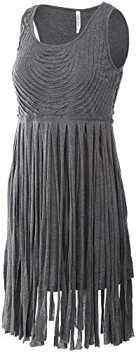 Mur Mur Women Sleeveless Raw Cut Fringe Dress - 9291 - Medium - CHARCOAL