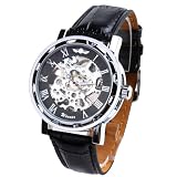 New Men's Black Dial Leather Band Strap Luxury Stainless Case Hand-wind up Mechanical Wrist Watch W118