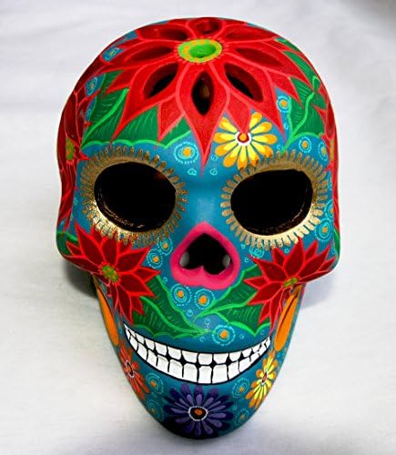 Traditional Mexican Clay Ceramic Sculpture of a Skull Hand Painted with Poinsettia Flowers