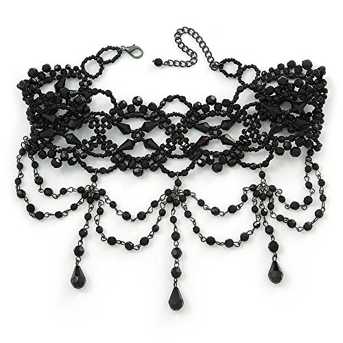Jet Black Gothic Costume Choker Necklace (Black Tone Metal)