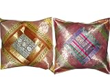 Cushion Covers 2 Golden Yellow Red Vinatge Sari Zari Borders Toss Pillow Sham 16