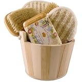 Natural Wood Exfoliating Spa Bucket Gift Set with Sponge, Mitt, Back Brush, Nail Brush & Shea Butter Soap (7 Oz Bar)