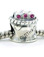 .925 Sterling Silver " Birthday Cake w/ Pink Cubic Zirconia " Bead Compatible with Pandora Chamilia Kay Troll Bracelet