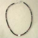 Watermelon Tourmaline, Pearl and Thai Silver Necklace, 15"