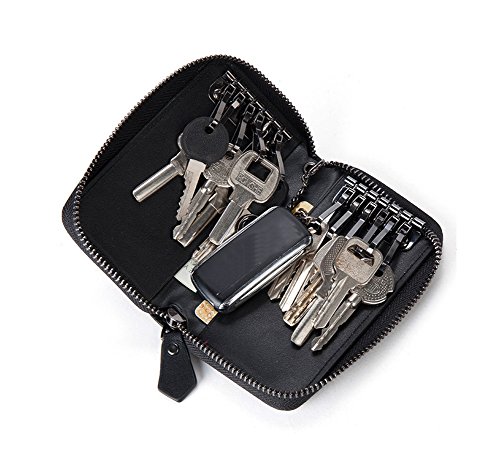 Genuine leather woven men oversized zip around key case car key w…