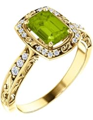 18K Yellow Gold 7.00x5.00mm Emerald Cut Peridot and Diamond Ring -- LIFETIME WARRANTY