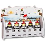 Ceramic Light House Wood Spice Rack & 5 Jars Set