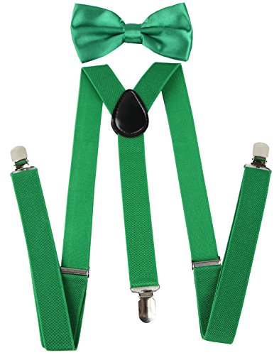 KEYWIN Unisex Solid Color Tuxedo Suspender & Bow Tie Set Elastic Adjustable Strong Clip-on Suspender-Heavy Duty (Kelly Green)