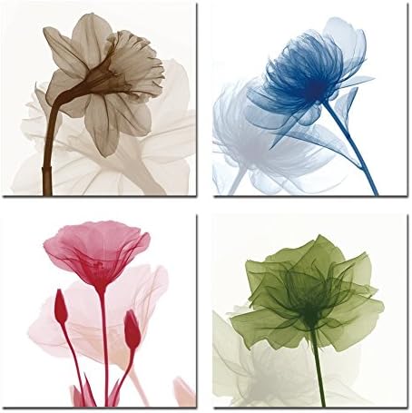 Mango Art 4 Panels Giclee Prints Flickering Flowers Canvas Painting Stretched and Framed Art for Home Decorations, 12 by 12 Inches, Ready to Hang
