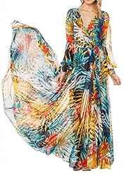 V-neck General Print Long Sleeves  Polyester Summer Maxi Dress  With a Bow(s)