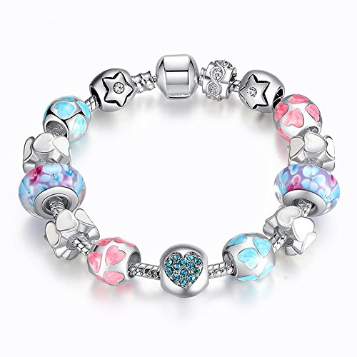European Style Romantic Silver 925 Heart Charm Murano Beads Bracelet for Women Fit Original Bracelets (18CM Length)