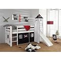 Children's Loft Bed Pirate - With Curtain, Tower and Slide - Massive Pine Wood - Black/White - NC-18