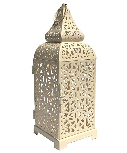 Ivenf Moroccan Style Matte White Cast Iron Handmade Square Candle Lantern, Great Decoration for Living Room, Balcony, Patio, Porch & Garden